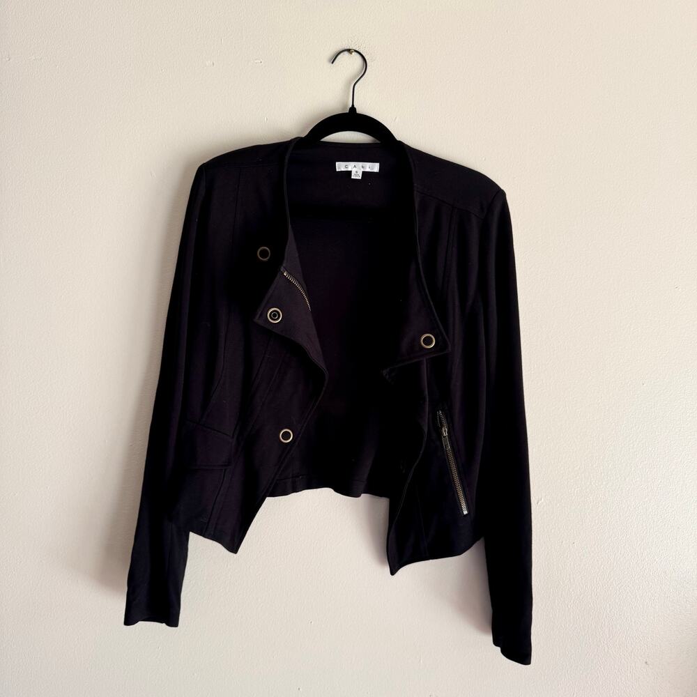 Cabi Black + Gold Grommet Ponte Knit Cropped Moto Jacket Small Edgy Punk - Picture 8 of 9